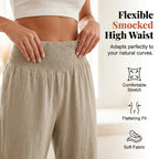 Dorexa - Women's High-Waisted Smocked Wide Leg Boho Cotton Linen Trousers