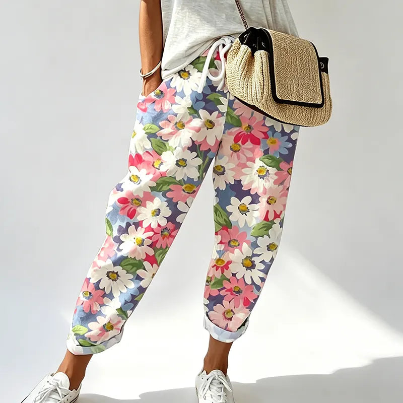 Marovelle - Women's floral trousers with adjustable waist and pockets