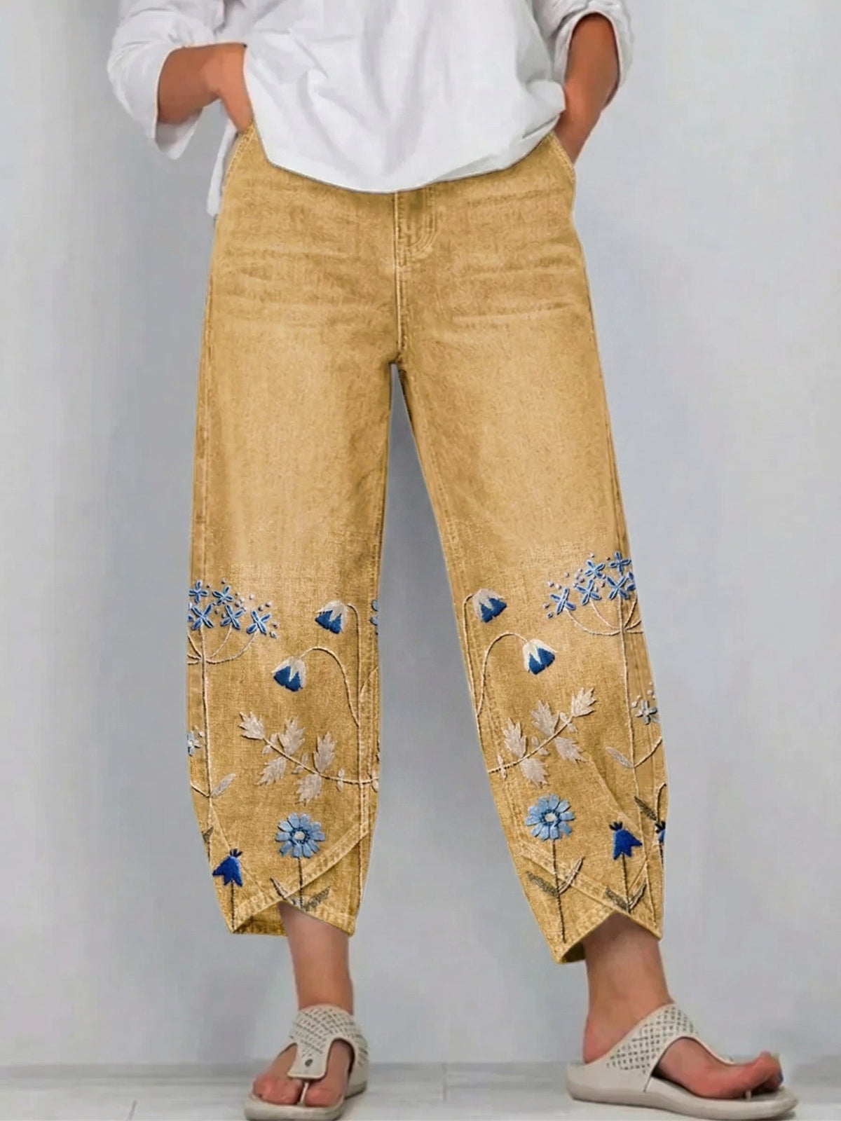 Fiorixa - Women's straight-cut casual denim pants with floral embroidery