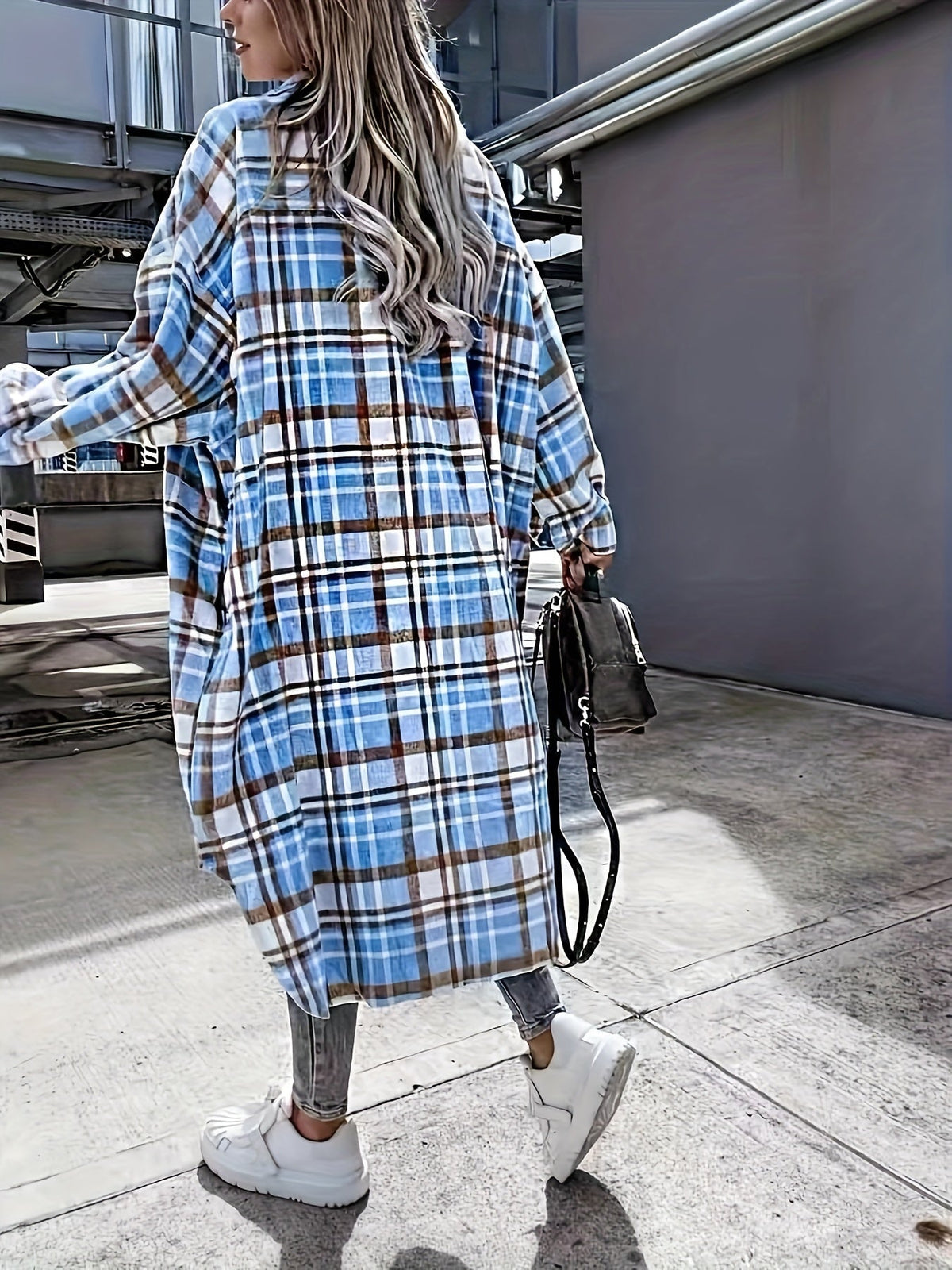 Evelora - Women's Long Plaid Print Jacket