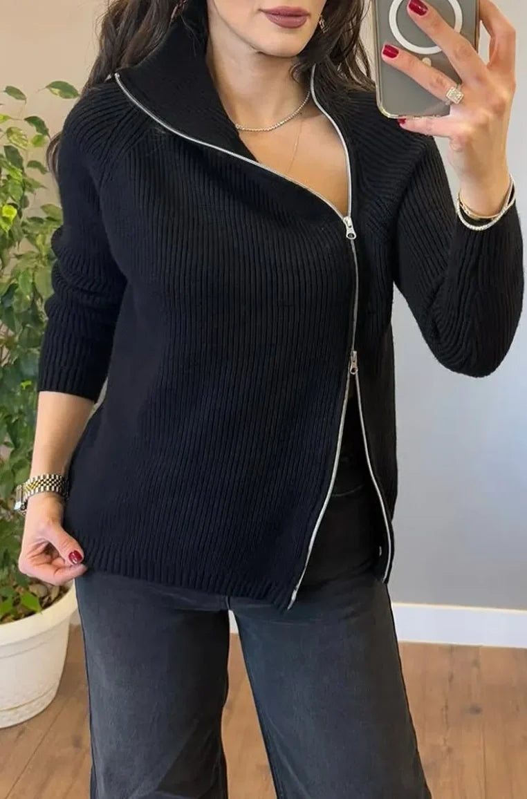 Lucienne - Asymmetrical Double Zip Knit Sweater