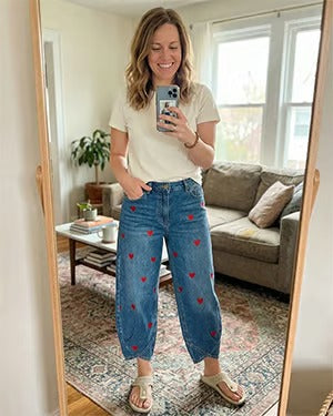 Pherixa - Women's Heart Print Cotton Denim Jeans