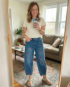 Pherixa - Women's Heart Print Cotton Denim Jeans