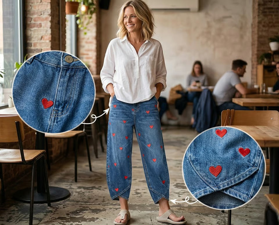 Pherixa - Women's Heart Print Cotton Denim Jeans