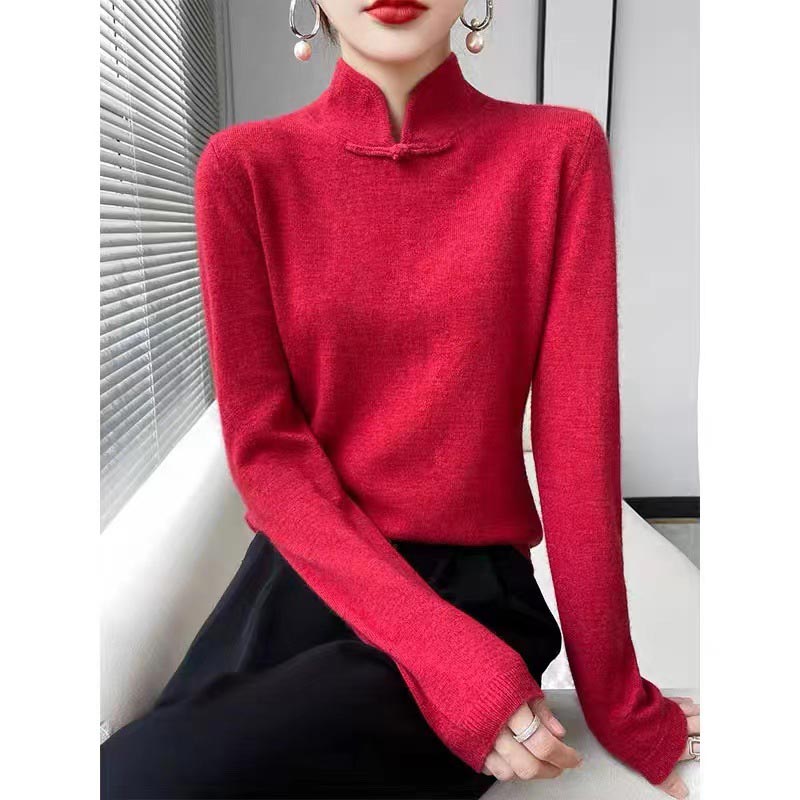 Jovienna - Elegant Winter High Neck Sweater with Vintage Clasp