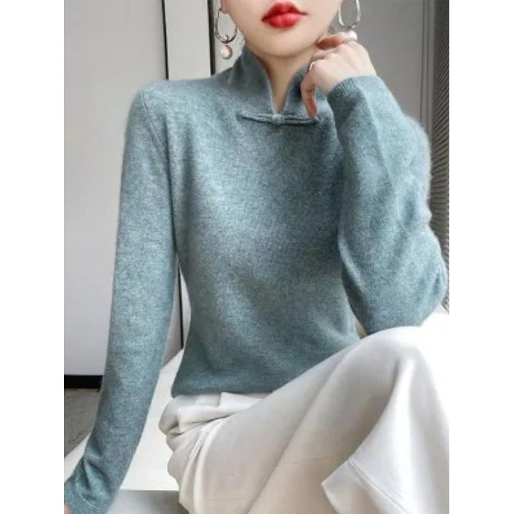 Jovienna - Elegant Winter High Neck Sweater with Vintage Clasp