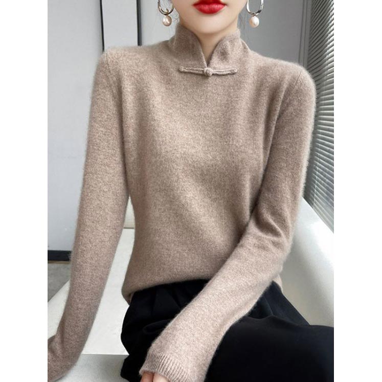 Jovienna - Elegant Winter High Neck Sweater with Vintage Clasp