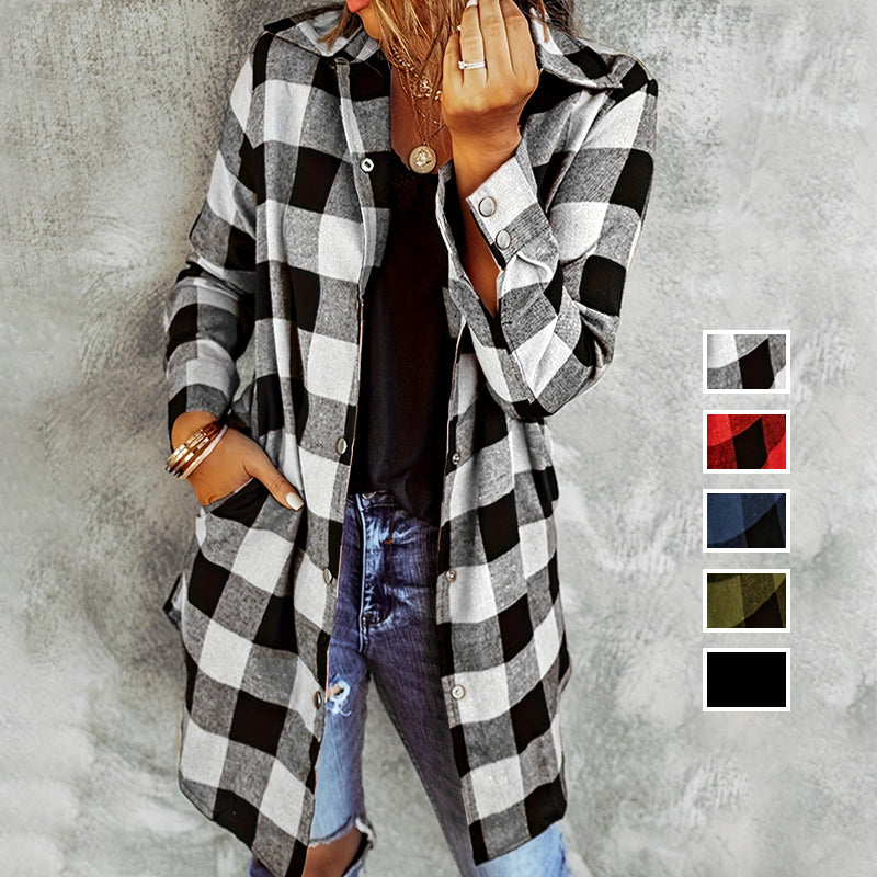 Larissa - Elegant Long Plaid Shirt Jacket