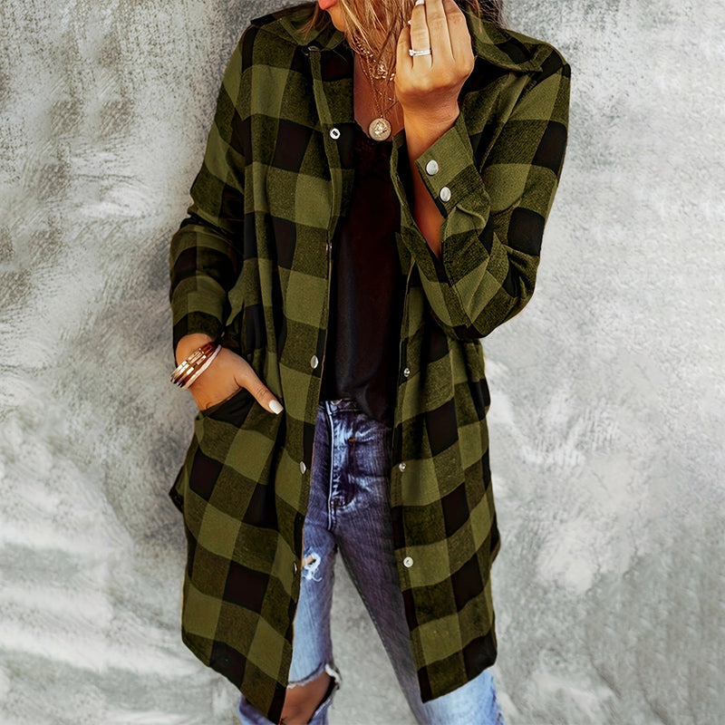 Larissa - Elegant Long Plaid Shirt Jacket