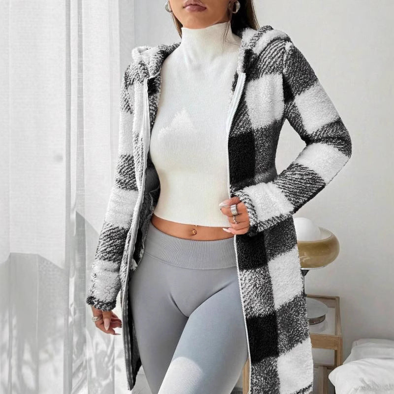 Doralisse - Long Checkered Jacket with Hood