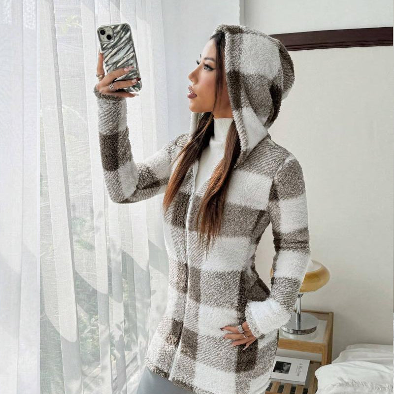 Doralisse - Long Checkered Jacket with Hood