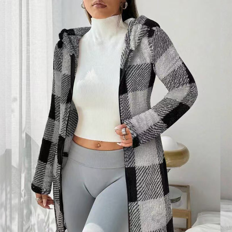 Doralisse - Long Checkered Jacket with Hood
