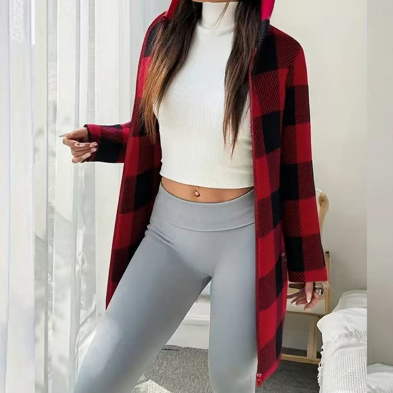 Doralisse - Long Checkered Jacket with Hood