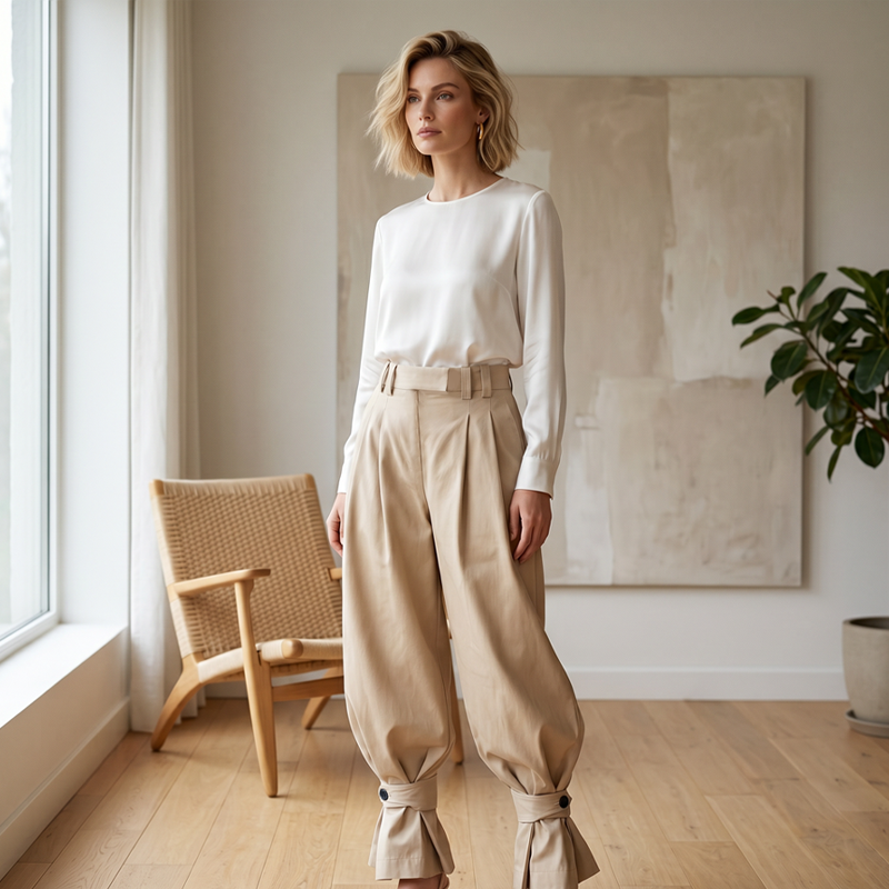 Liesbeth - Women's pleated trousers with frill cuffs