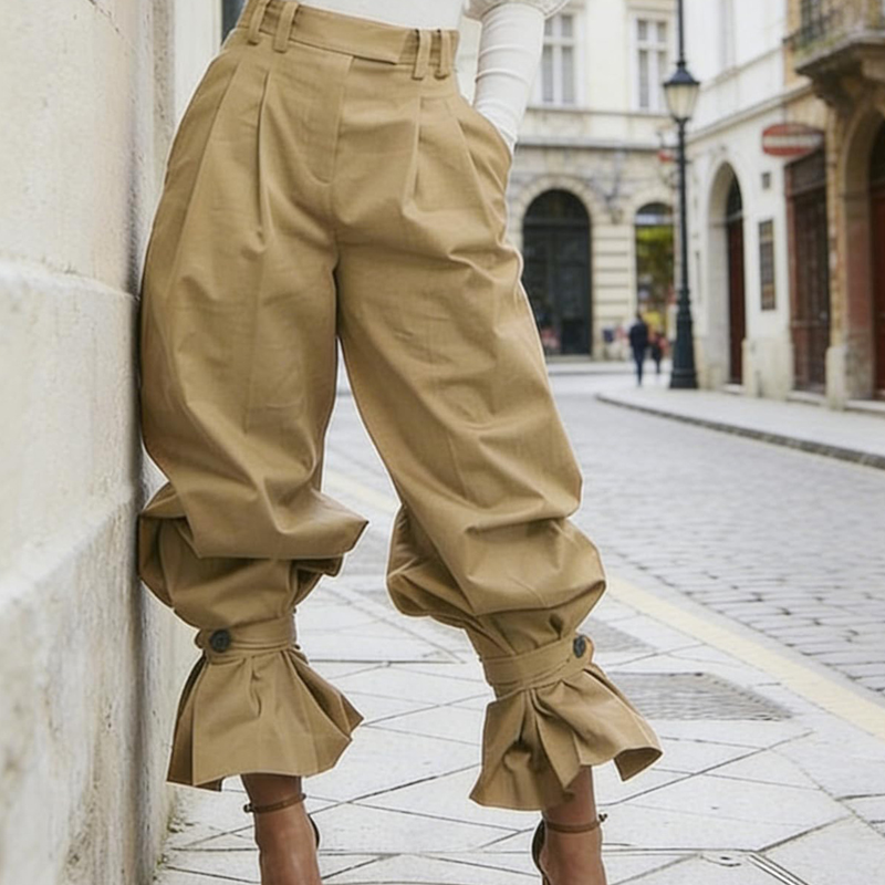 Liesbeth - Women's pleated trousers with frill cuffs