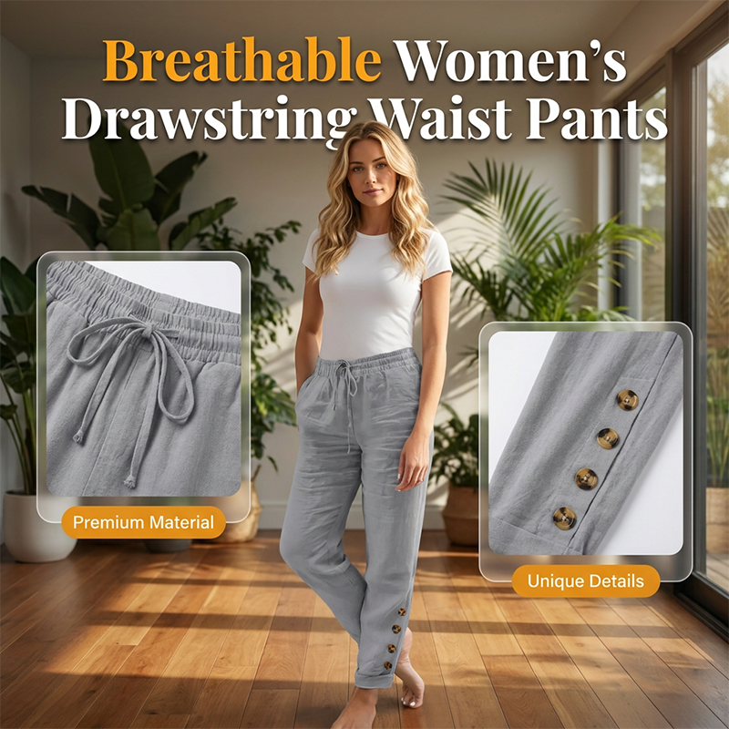 Korielle - Women's Lightweight Pants with Drawstring Waist and Ankle Buttons