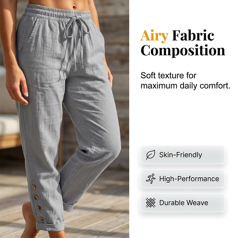 Korielle - Women's Lightweight Pants with Drawstring Waist and Ankle Buttons