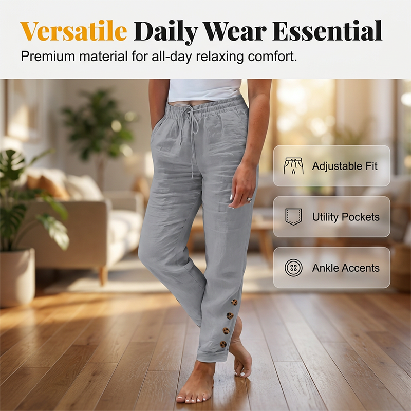 Korielle - Women's Lightweight Pants with Drawstring Waist and Ankle Buttons