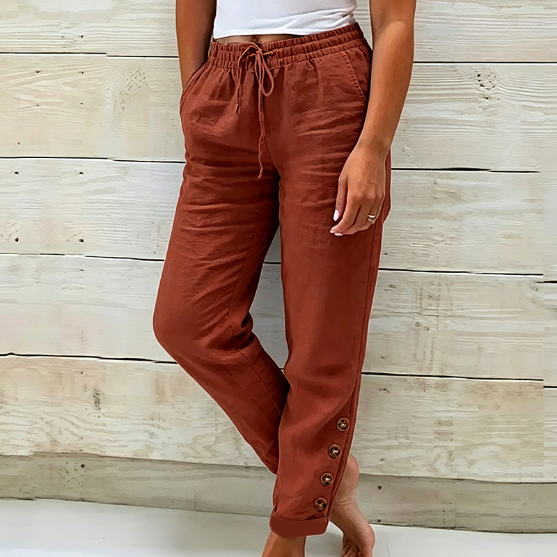 Korielle - Women's Lightweight Pants with Drawstring Waist and Ankle Buttons
