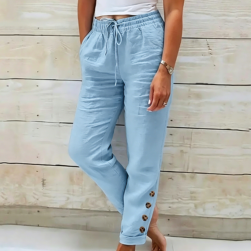 Korielle - Women's Lightweight Pants with Drawstring Waist and Ankle Buttons