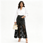 Helynora - Women's Long Denim Skirt with Floral Lace Trim