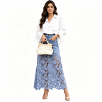 Helynora - Women's Long Denim Skirt with Floral Lace Trim