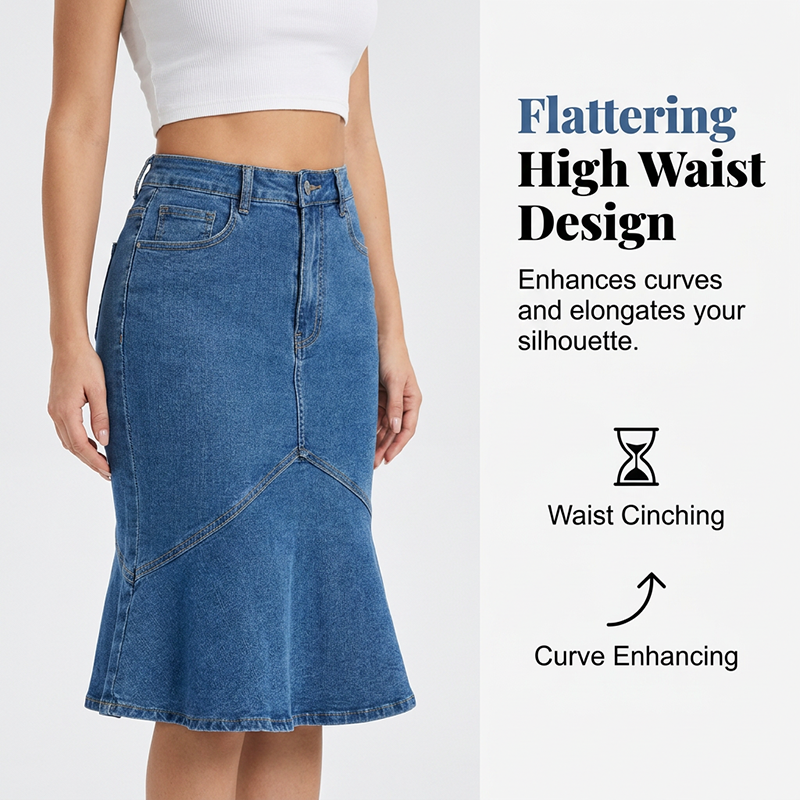 Ivessia - Women's High-Waisted Denim Mermaid Midi Skirt
