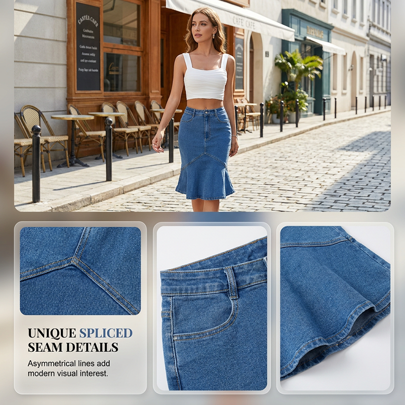 Ivessia - Women's High-Waisted Denim Mermaid Midi Skirt