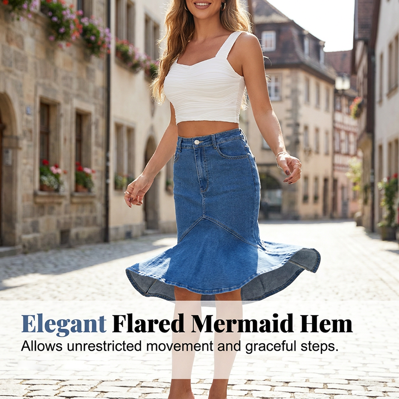 Ivessia - Women's High-Waisted Denim Mermaid Midi Skirt
